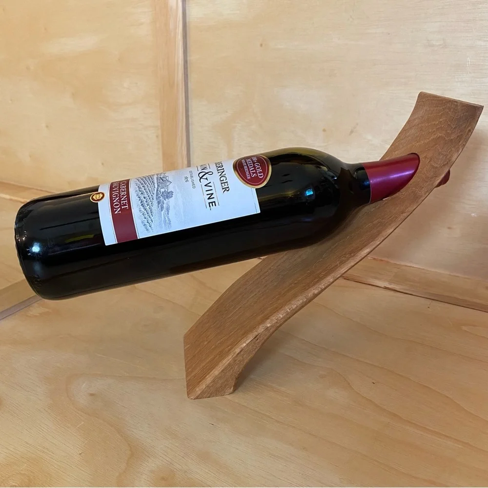 Curved Sleek Sculptural Modern Carved Wood Counter Balance Wine Bottle Holder